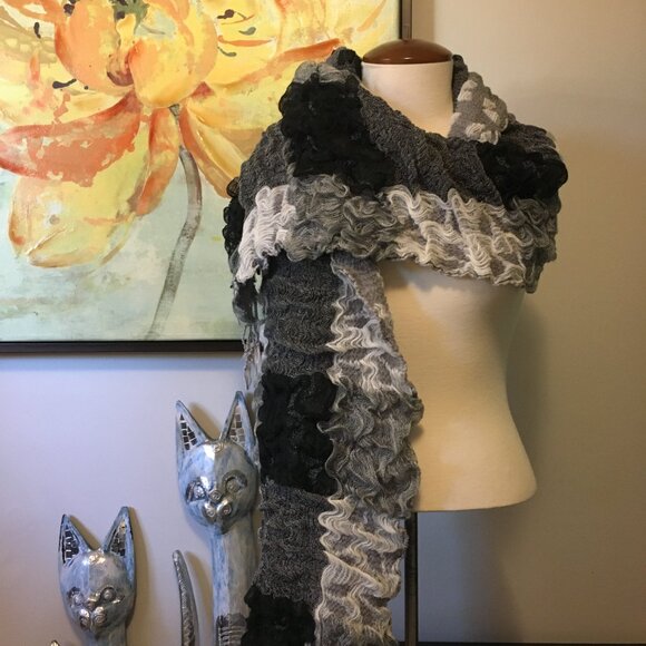 Whimsical Y2K Black, White & Grey Voluminous Tasseled Scarf - Picture 1 of 15